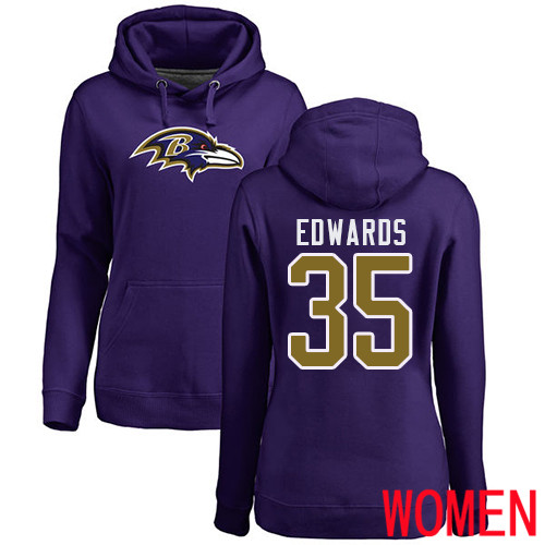 Baltimore Ravens Purple Women Gus Edwards Name and Number Logo NFL Football 35 Pullover Hoodie Sweatshirt